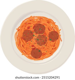 Spaghetti and meatballs on a plate. Hand drawn vector illustration. Top view.