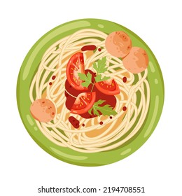 Spaghetti with meatballs on plate vector illustration. Cartoon isolated top view of pasta with tomato sauce and balls of ground meat, healthy dish of homemade or restaurant menu, Italian cuisine