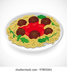 Spaghetti and meatballs with on a plate. Vector