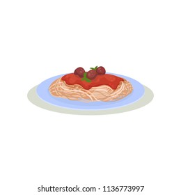 Spaghetti with meatballs, tomato sauce and green basil leaves. Italian cuisine. Tasty dish. Culinary theme. Flat vector design