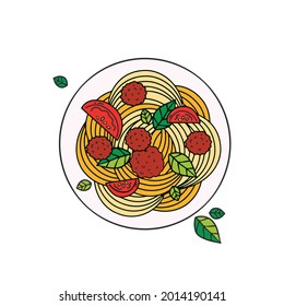 Espagueti con albóndigas y tomates. Iconos vectoriales detallados. Ilustración de alimento vectorial en estilo de línea, aislamiento de imagen de color en blanco