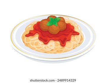 Spaghetti and meatballs vector illustration. Spaghetti with meatballs and tomato sauce icon isolated on a white background. Plate of spaghetti drawing. Italian-American pasta dish