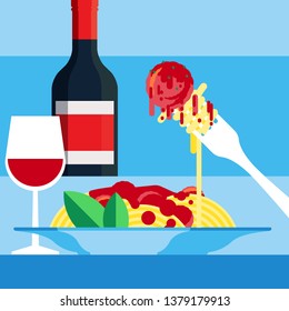 Spaghetti and Meatballs with wine