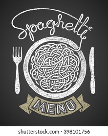 Spaghetti menu drawn on chalkboard
