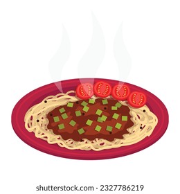 Spaghetti with minced meat. Garnished with small tomatoes and green onions. Vector graphic.