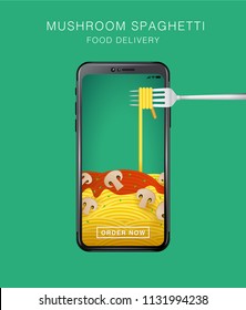 SPAGHETTI WITH MUSHROOM .FOOD ONLINE DELIVERY. FOOD DELIVERY APP. SPAGHETTI WITH FORK. SMART PHONE VISUAL CONCEPT FOR FOOD ONLINE DELIVERY.