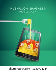 SPAGHETTI WITH MUSHROOM .FOOD ONLINE DELIVERY. FOOD DELIVERY APP. SPAGHETTI WITH FORK. SMART PHONE VISUAL CONCEPT FOR FOOD ONLINE DELIVERY.