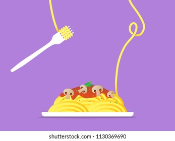Spaghetti with mushrooms. Front Angle.