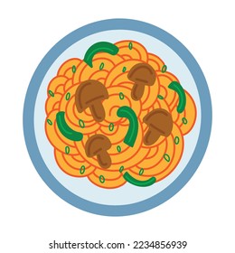 Spaghetti Napolitan - plato japonés de pasta de kétchup yoshoku. Dibujo simple del vector del doodle dibujado a mano. Vista superior de plato de comida asiática