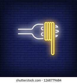 Spaghetti neon sign. Glowing fork with spaghetti on brick wall background. Vector illustration can be used for topics like cooking, dinner, kitchen