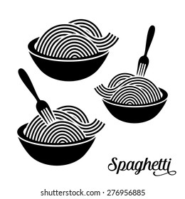 Spaghetti or noodle with fork black vector icons