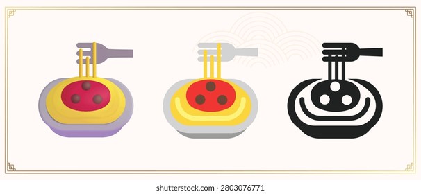 Spaghetti Noodle Fork Icon Set Chinese Chowmein Ramen Bowl. Variations 3D Flat Solid Glyph Italian Asian Pasta Meatball Traditional Cuisine Symbol Collection. Digital Graphic Template Restaurant Menu App UI Design 