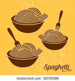 Spaghetti or noodle with fork retro vector icons