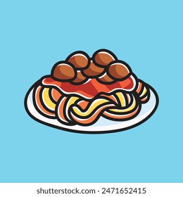 Spaghetti Noodle with Meat Topping Food Vector Cartoon Illustration. Food Icon Concept Isolated Premium Vector. Flat Cartoon Concept. Cute Doodle Cartoon Illustration Style. Suitable for Any Project	
