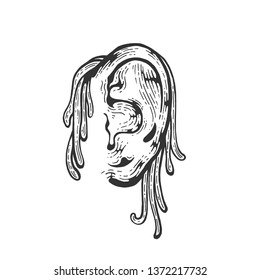 Spaghetti noodle pasta on human ear sketch engraving vector illustration. Scratch board style imitation. Black and white hand drawn image.