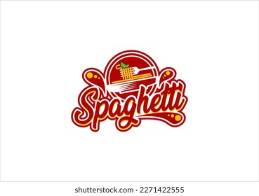 spaghetti, noodle, pasta template logo, with pasta icon, fork isolated on white background, handwritten logo with red sauce, cock for restaurant logo, street food, label, sticker