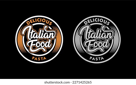 espagueti, fideos, logo de la plantilla de pasta, con icono de pasta, tenedor aislado de fondo blanco, logo escrito a mano con salsa roja, gallo para el logo del restaurante, comida callejera, etiqueta, pegatina