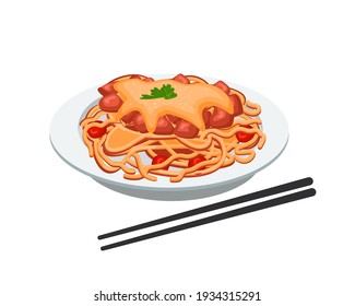 Diseño vectorial de fideos de espagueti. Deliciosa comida de pasta