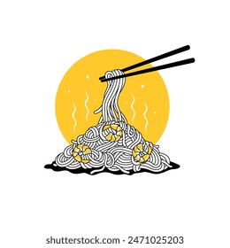 Spaghetti noodles with chopsticks containing fried shrimp on a white and yellow background