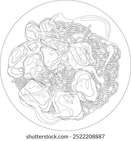 Spaghetti with nuggets on a white plate. with spicy red sauce and herbs, vector healthy korean chinese food, black and white image, lines, coloring book