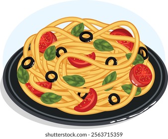 Spaghetti with Olives, Cherry Tomatoes and Basil Leaves. Italian Cuisine Cartoon Vector Illustration 