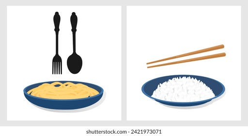 Spaghetti en un plato azul, plato de arroz, tenedor, cuchara e icono de palillos aislados en la ilustración vectorial de fondo blanco.