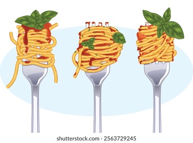 Spaghetti on Fork Collection. Pasta with Tomato Sauce, Basil and Chicken Pieces. Italian Food Detailed Illustration 