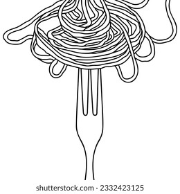 Spaghetti on fork - hand drawn black and white vector illustration. 