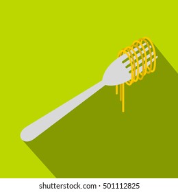 Spaghetti on a fork icon. Flat illustration of spaghetti on a fork vector icon for web isolated on green background