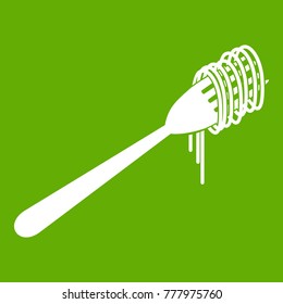 Spaghetti on a fork icon white isolated on green background. Vector illustration