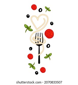 Spaghetti on fork illustration with decor. Isolated on white background.