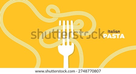 Spaghetti on fork. Italian food background. Abstract menu poster. World pasta day. Wave spaghetti lines. Italian cuisine packaging. Trendy bright yellow typography. Vector illustration art
