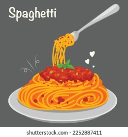 Espagueti en un tenedor. Pasta con tomates frescos y hierbas ilustrativas vectoriales.