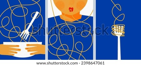 Spaghetti on a fork. Spaghetti on a plate. Eating delicious Italian food. A set of abstract posters. The design of the restaurant menu. Trend flat vector illustration