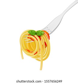 Spaghetti on a fork with sauce and basil on a white background, pasta.