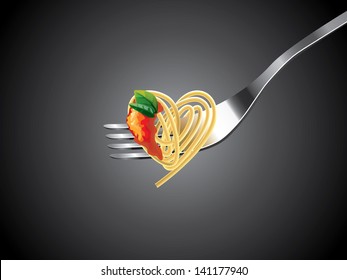 spaghetti on fork with tomato sauce and basil  vector background