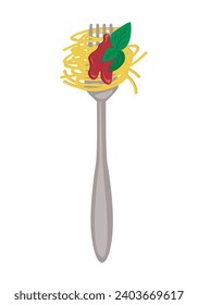 Spaghetti auf Gabel mit Tomatensauce und Basilikum. Banner zum Spaghetti-Tag. Handgezeichnete Vektorgrafik