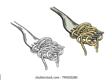 Spaghetti on fork. Vector engraving vintage color and black illustration isolated on white background.