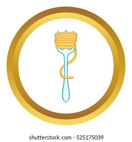 Spaghetti on fork vector icon in golden circle, cartoon style isolated on white background
