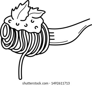 Spaghetti on fork. Vector outline icon.