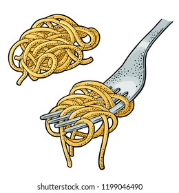 Spaghetti on fork. Vector vintage engraving color illustration isolated on white background. Hand drawn design element