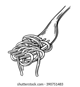 Spaghetti On Fork. Vector Vintage Black Illustration Isolated On White Background.