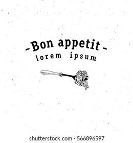 Spaghetti on fork. Vector vintage black illustration
