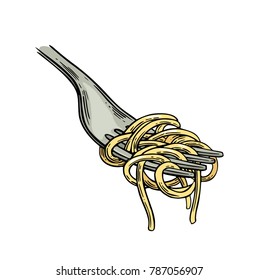 Spaghetti on fork. Vector vintage engraving  color illustration isolated on white background.