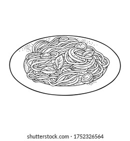 Spaghetti on plate. Vector vintage black engraving isolated on white background. Hand drawn design element for menu