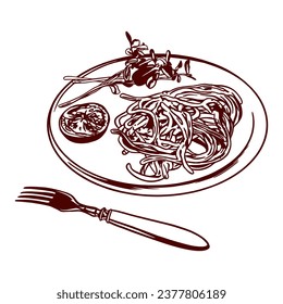 Spaghetti auf einer Platte, Tomate, Gabel. Vektorgrafik von Lebensmitteln im grafischen Stil. Menüs von Restaurants, Cafés, Snackbars, Lebensmitteletiketten, Cover.