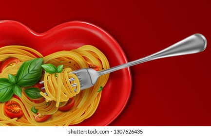 Spaghetti on a red heart-shaped plate with red cherry tomatoes and green basil leaves with a fork. 3d realistic vector illustration isolated on red background.