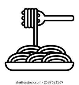 Spaghetti outline icon. A plate of spaghetti with a fork twirling the strands. Perfect for projects related to Italian cuisine, food blogs, or restaurant menus.