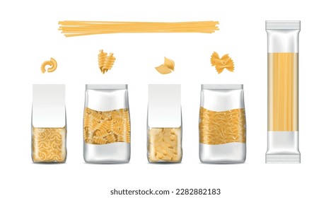 Spaghetti packaging. Noodle bag. Pasta packages. 3D food pack. Wheat product. Macaroni or vermicelli mockup. Italian penne. Plastic packet. Blank labels. Vector realistic wraps set