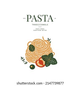 Plantilla de diseño de pasta de espagueti. Pasta con tomate y albahaca. La comida italiana.